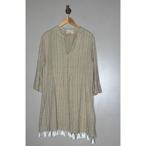 Boo Gemes 100% Linen Tunic Dress Large Beige Tassel Hem Coastal Boho
